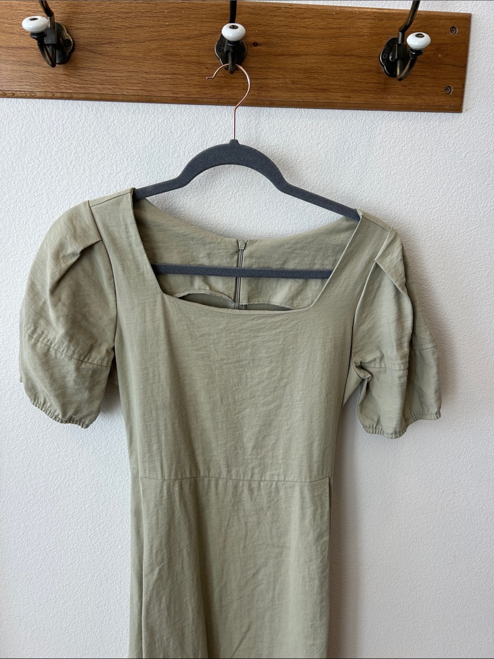 Square Neck Puff Sleeve Midi Dress in Light Olive